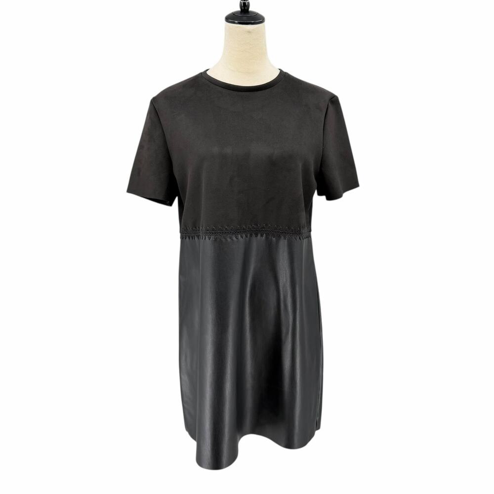 Zara Black Faux Suede Vegan Leather Short Sleeve Versatile Mini Shift Dress